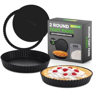imageNutriChef 2 Round Tart Pans 9 Inch Carbon Steel Tart Baking Trays with Removable Base Nonstick amp Even Heat Distribution Includes 100 Parchment Papers Height of 1 Inch Black