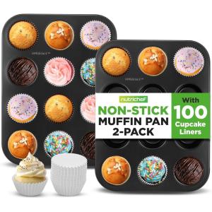imageNutriChef NonStick 2Piece 12 Cup Muffin Pans with 100 Parchment Cupcake Liners Carbon Steel Professional Grade Muffin Pans for Baking Durable amp Dishwasher Safe 137x104x11 Inch Black