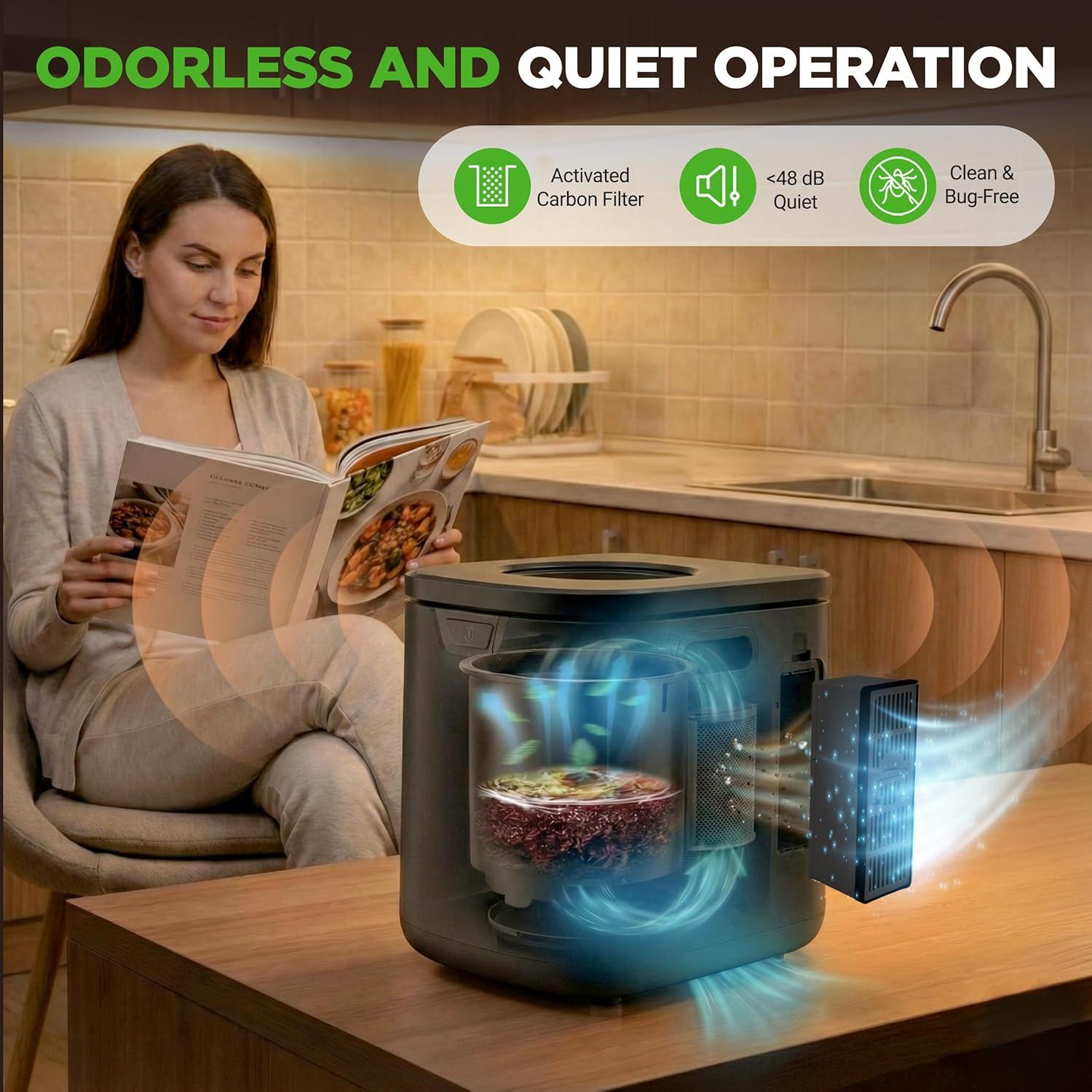 imageNutriChef 4 Quart Electric Kitchen Composter  Smart Countertop Composter Includes 2 Odorless Carbon Filters  Electric Compost Bin for Indoor Use  3 Volume Based Modes Small Medium amp Large  Gray