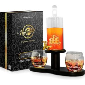 imageNutriChef Glass Whiskey Decanter  780ml Barrel Whiskey Carafe Alcohol Decanter Set Glasses Decanter w Spigot Stopper amp Base For Brandy Wine Cognac Rum Gin Scotch BourbonBarrel Whiskey Carafe Alcohol Decanter Set with Glasses  Lead Free Decanter w Spigot  Stopper  Base