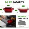 imageNutriChef 10 Enameled Cast Iron Bread Pan with Lid Oval Loaf Dutch Oven with Silicone Gloves OvenSafe to 500F for Baking Roasting Stewing amp More Dishwasher Safe RedRed