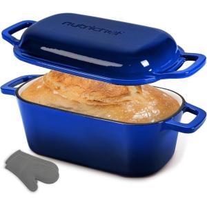imageNutriChef 10 Enameled Cast Iron Bread Pan with Lid Oval Loaf Dutch Oven with Silicone Gloves OvenSafe to 500F for Baking Roasting Stewing amp More Dishwasher Safe RedBlue