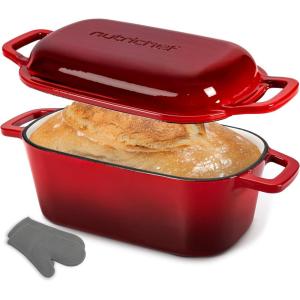 imageNutriChef 10 Enameled Cast Iron Bread Pan with Lid Oval Loaf Dutch Oven with Silicone Gloves OvenSafe to 500F for Baking Roasting Stewing amp More Dishwasher Safe RedRed