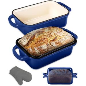 imageNutriChef 9x5 Enameled Cast Iron Loaf Pan with Lid EnamelCoated Baking Loaf Pan for Sourdough Oven Safe Nonstick Bread Pan with Silicon Gloves Dishwasher Safe BlueBlue