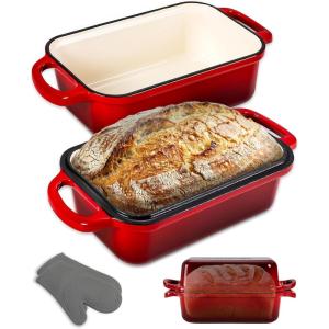 imageNutriChef 9x5 Enameled Cast Iron Loaf Pan with Lid EnamelCoated Baking Loaf Pan for Sourdough Oven Safe Nonstick Bread Pan with Silicon Gloves Dishwasher Safe BlueRed