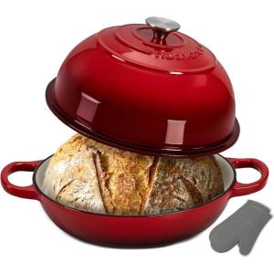 imageNutriChef 102 Enameled Cast Iron Bread Oven DomeShaped Sourdough Baking Pan with Handles amp Silicone Gloves OvenSafe to 500F Dishwasher Safe Dutch Oven Bread Pan RedRed