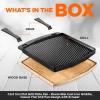 imageNutriChef Cast Iron Reversible Grill Plate with Removable Handles  Square Griddle Skillet for Stove Top Flat amp Grill Side Oven Safe Includes Wood Base