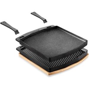 imageNutriChef Cast Iron Reversible Grill Plate with Removable Handles  Square Griddle Skillet for Stove Top Flat amp Grill Side Oven Safe Includes Wood Base