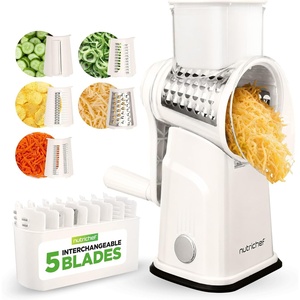 image:imageNutriChef 5 in 1 Cheese Grater amp Shredder  5 Different Blades for Thin Thick Julienne Strips Wavy amp Straight Strips  Includes Hand Crank Strong Suction Base amp Storage Container  WhiteWhite