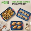 image:imageNutriChef Nonstick 3Piece Baking Pans Set  Carbon Steel Bakeware with Blue Coating Inside amp Outside and Red Silicone Handles Durable and Reliable Effortless Baking and Easy Cleanup Blue3Piece Set