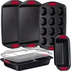 image:imageNutriChef 6Piece Bakeware Set  Carbon Steel Stackable Bakeware with Red Silicone Handles amp Nonstick Coating Includes Cookie Sheets Roaster Pan with Lid Loaf and 12 Cup Muffin Pan GoldBlack