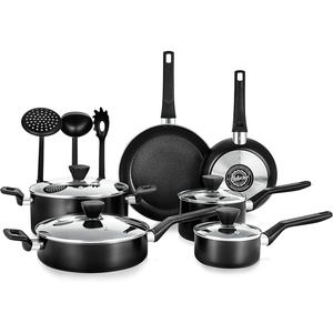 image:imageNutriChef 13Piece Nonstick Kitchen Cookware SetPTFEPFOAPFOSFree Heat Resistant Kitchen Ware Pots Pan Set w SaucepanFrying PansCooking PotsCasseroleLids LadleFork StrainerBrown NCCWA13BRBlack