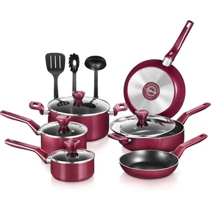 image:imageNutriChef 13Piece Nonstick Kitchen Cookware SetPTFEPFOAPFOSFree Heat Resistant Kitchen Ware Pots Pan Set w SaucepanFrying PansCooking PotsCasseroleLids LadleFork StrainerBrown NCCWA13BRRed