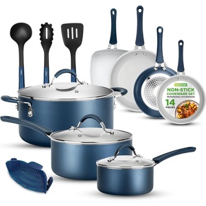 image:imageNutriChef 14Piece Non Stick Kitchen Cookware Set wSaucepan Frying Pans Cooking Pots Dutch Oven Pot Lids Utensil GoldBlue