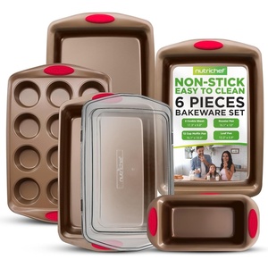 image:imageNutriChef 6Piece Bakeware Set  Carbon Steel Stackable Bakeware with Red Silicone Handles amp Nonstick Coating Includes Cookie Sheets Roaster Pan with Lid Loaf and 12 Cup Muffin Pan GoldGold