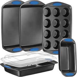 image:imageNutriChef 6Piece Bakeware Set  Carbon Steel Stackable Bakeware with Red Silicone Handles amp Nonstick Coating Includes Cookie Sheets Roaster Pan with Lid Loaf and 12 Cup Muffin Pan GoldGray