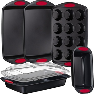 image:imageNutriChef 6Piece Bakeware Set  Carbon Steel Stackable Bakeware with Red Silicone Handles amp Nonstick Coating Includes Cookie Sheets Roaster Pan with Lid Loaf and 12 Cup Muffin Pan GoldBlack
