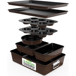 image:imageNutriChef 8Piece Nonstick Stackable Bakeware Set  Non Toxic Carbon Steel Baking Trays WCookies Sheet Muffin Loaf Cake Round amp Square Pan  Easy To clean amp Easy to Release Oven Safe  GrayBrown