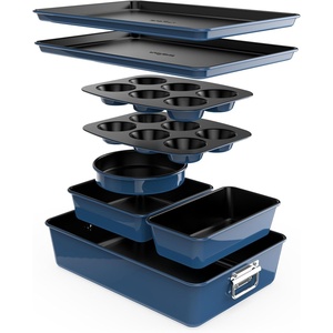 image:imageNutriChef 8Piece Nonstick Stackable Bakeware Set  Non Toxic Carbon Steel Baking Trays WCookies Sheet Muffin Loaf Cake Round amp Square Pan  Easy To clean amp Easy to Release Oven Safe  GrayBlue