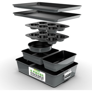 image:imageNutriChef 8Piece Nonstick Stackable Bakeware Set  Non Toxic Carbon Steel Baking Trays WCookies Sheet Muffin Loaf Cake Round amp Square Pan  Easy To clean amp Easy to Release Oven Safe  GrayGray