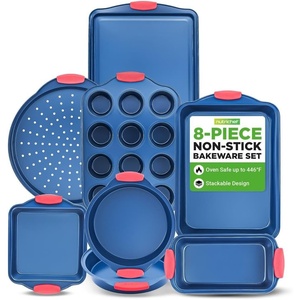 image:imageNutriChef 8Piece NonStick Baking Tray Set OvenSafe Bakeware Trays with Cookie Sheet Loaf Pan Pizza Pan Muffin Tin Cake Tin Durable Carbon Steel Baking Set with Red Silicone Handles  Blue