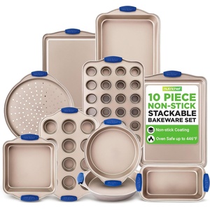 image:imageNutriChef Kitchen Oven Baking Pans  Deluxe Nonstick Gold Coating Inside amp Outside Carbon Steel Bakeware Set With Blue Silicone Handles Durable amp Reliable Cookie Sheet Oven Pan Style10 Piece Set