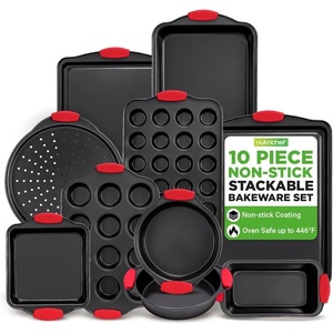 image:imageNutriChef NonStick Baking Tray Set 10Piece Stackable OvenSafe Bakeware Cookie Sheet Loaf Pizza Muffin Cake Round amp Square Pans NonStick Trays with Red Silicone Handles