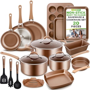 image:imageNutriChef Non Stick Cookware with Baking Pans Set 20 Piece  Complete kitchen set with pots pans bakeware utensils and tempered glass lids in durable aluminum with easyclean designShiny Golden
