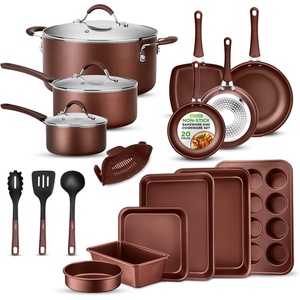 image:imageNutriChef Non Stick Cookware with Baking Pans Set 20 Piece  Complete kitchen set with pots pans bakeware utensils and tempered glass lids in durable aluminum with easyclean designBrown