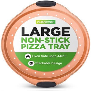 image:imageNutriChef Pizza Tray Copper Diameter 32 cm  Perforated NonStick Baking Tray Made of Carbon Steel with Silicone Handle Crispy Dishwasher Safe Round Pizza Plate for Pizza and Tarte Flambecopper