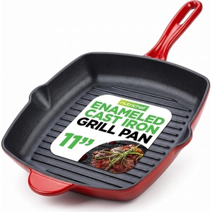 image:imageNutriChef Nonstick Cast Iron Grill Pan  11Inch Kitchen Square Skillet Grilling Pan Enameled Steak wSide Drip Spout For Electric Stovetop Induction Gas Black NCCIES475Square Cast Iron