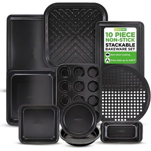 image:image10Piece Nonstick Bakeware Set  PFOA PFOS PTFE Free Food Grade Safe Carbon Steel Baking Tray Set  Oven Safe Up to 446F Pizza Loaf Muffin RoundSquare Pans Cookie Sheet Etc  NutriChef NCBS10SOnyx