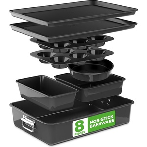 image:imageNutriChef 8 Piece Nonstick Bakeware Set  Carbon Steel Baking Pans for Oven  Includes Sheet Pan Muffin Loaf Round and Square Cake Pan  Dishwasher Safe Stackable Design Oven Safe up to 446FOnyx