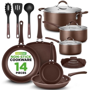 image:imageNutriChef 11 Piece Nonstick Cookware Set Excilon Blue Diamond Ceramic Dishwasher Safe KitchenWare Pots and Pans Set with Saucepan Frying Pans Cooking and Dutch Oven LidsBrown